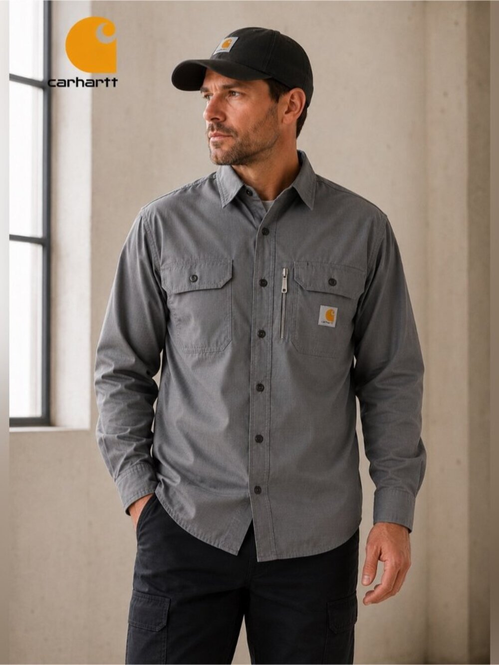 Carhartt Rugged Flex Work Shirt Gray Ripstop Button Front Men’s Small